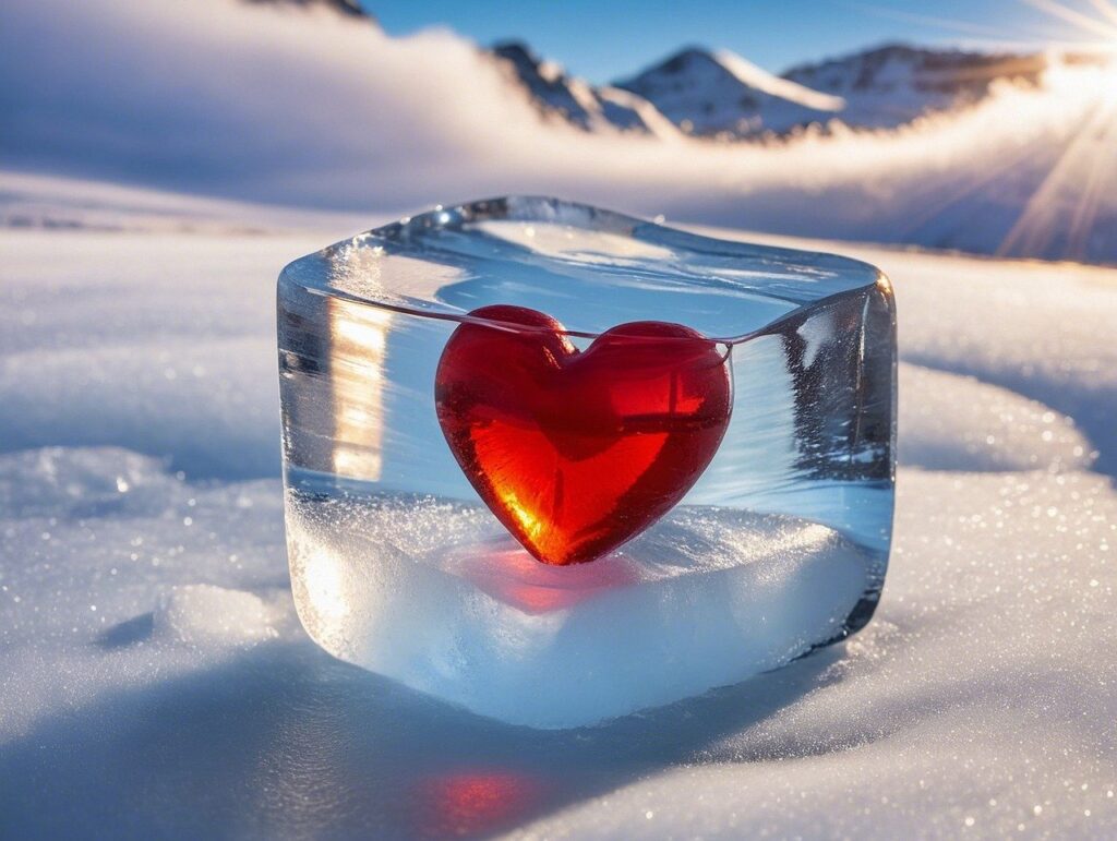 ai generated, heart, ice cubes, frozen, red, nature, love, romance, valentine's day, heaven, snow, winter, mountains, cold, frost, covered in snow, white-9326389.jpg